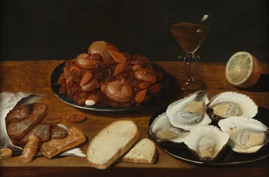 Natura morta con ostriche, pasticceria, limone e bicchiere di vino
