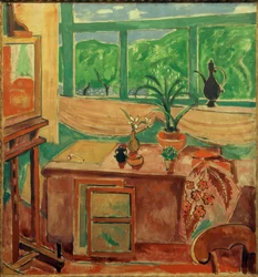 Natura morta in atelier con iris e finestra multipla