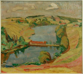 Paesaggio vicino a Ebersberg con lago