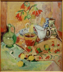 Natura morta con pianta in vaso e brocche, frutta e pipa