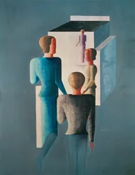 Quattro figure e un cubo (pittura su tela)