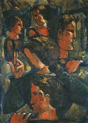 Gruppo di figure con mano alzata