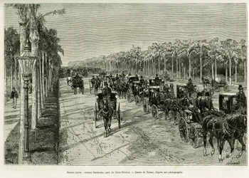 Buenos Aires, Avenida Sarmiento, Parco Tre Febbraio. Incisione di Tofani, per illustrare la storia Viaggio alla Plata, nel 1886, di Emile Daireaux, in Le Tour du monde 1888, diretto da Edouard Charton (1807-1890), Hachette, Parigi.