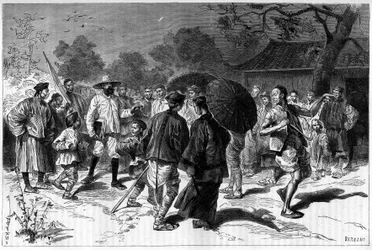 Il dottor Piassetzky viaggia in Cina, sempre accompagnato da cinesi. Incisione da un disegno di Tofani, in "Le Tour du Monde, Nouveau journal des Voyages", a cura di Edouard Charton, Parigi