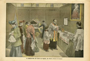 Illustrazione di Oswaldo Tofani (1849-1915) in Le Pelerin, 03/04/04 - La benedizione delle uova di Pasqua in Italia - Italia, Religione Fede, Pasqua, Cattolicesimo - Uovo
