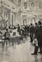 Diplomatici italiani che brindano insieme, Parigi, Francia, incisione da disegno di Gennaro Amato, da schizzo di Osvaldo Tofani, da L