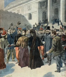La vedova del colonnello Hubert Henry lascia il tribunale (affare Dreyfus)
