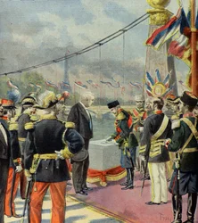 Nicolas 2 posa la prima pietra del ponte Alexandre 3, alla presenza di Felix Faure, Parigi 1896 (Incisione)