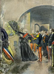 Nicolas 2 depone una corona di fiori sulla tomba di Sadi Carnot al Pantheon, Parigi1896 (Incisione)