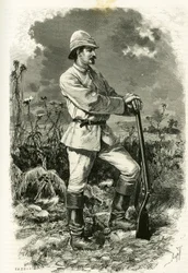 Ritratto del Dr. Emile Holub, in abito da esplorazione, incisione di Tofani, per illustrare la storia "Nel paese dei Marutses", nel 1875-1879, del Dr. Emile Holub (1847-1902). Pubblicato nel Tour du monde, 2° semestre 1883, a cura di Edouard Charton (1807-