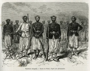 Cavalieri senegalesi della scorta della spedizione. Incisione di Tofani, per illustrare la storia dell