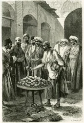 Il mercante di pesce a Kachan (o Kashan, nella provincia di Teheran, attuale Iran). Incisione di Tofani, da una fotografia, per illustrare la storia "Persia, Caldea e Susiana" nel 1881-1882, di Jane Dieulafoy (nata Magre)
