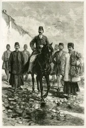 Il governatore di Kashan (o Kachan, nella provincia di Teheran, odierno Iran) cavalca un cavallo nero e il suo seguito è a piedi. Incisione di Tofani, da una fotografia, per illustrare il racconto 