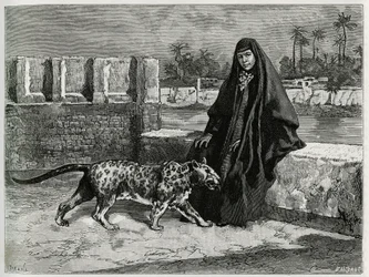Torkan Khanoum, favorita dello sceicco Moses, potente capo tribale di Arabistan con la sua pantera. Incisione di Tofani, per illustrare il racconto “Persia, Caldea e Susiana”