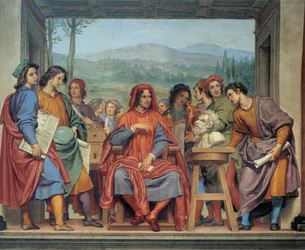 Laurent de Medici (1449 - 1492) (Laurent il Magnifico: Lorenzo il Magnifico) seduto al centro degli artisti, affresco di Ottavio Vannini (1585 1643) - Museo degli argenti, Firenze