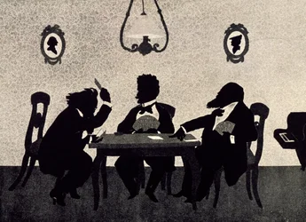 Partita a carte tra Johannes Brahms, Richard Strauss e Hans Richter, silhouette nera di Otto Bohler