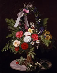 Natura morta di fiori in un cesto (margherite, felci, rose)