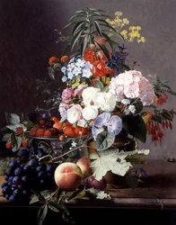 Natura morta con frutta e fiori. Dipinto di Otto Didrik Ottesen (1816-1892) Collezione privata.