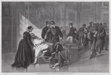 Il re Guglielmo I di Prussia incontra i soldati feriti nel Palazzo di Versailles, Francia, Guerra Franco-Prussiana
