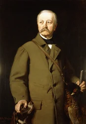 Ritratto di Otto von Bismarck in abiti da caccia con il suo cane e un fagiano morto, 1897