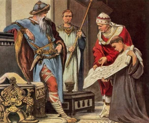 Carlo Magno si fa presentare il progetto della cappella del palazzo imperiale di Aquisgrana, 796 (litografia a colori ingrandita)