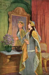 «Specchio, specchio delle mie brame, chi è la più bella del reame?», illustrazione dalla fiaba dei Grimm «Biancaneve e i sette nani», ca. 1900