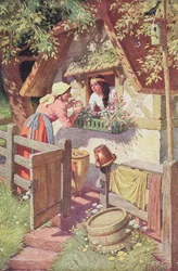 La regina malvagia, travestita da vecchia, offre la mela avvelenata a Biancaneve, illustrazione dalla fiaba dei Grimm «Biancaneve e i sette nani», circa 1900