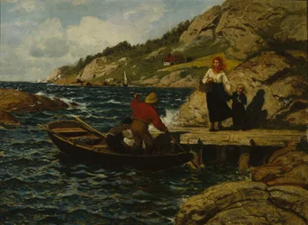 Pescatore, donna e bambino sul molo