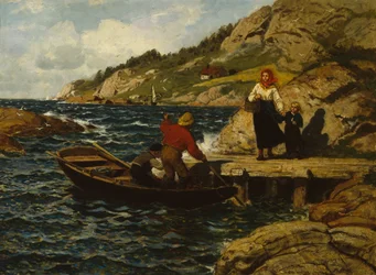 Pescatore, donna e bambino presso il molo