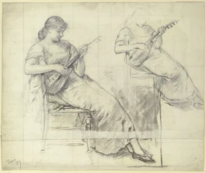 Giovane donna seduta che suona il mandolino