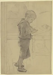 Victor Scholderer in piedi alla scrivania
