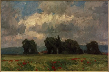 Paesaggio scuro con pioppi e papaveri