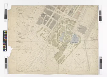Piano regolatore generale: sezione della tavola cartografica della parte orientale della Città Interna e della Ringstraße, parco cittadino e mercato centrale coperto