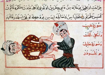 Medicina: evirazione di un ermafrodito. Miniatura da un trattato di medicina turca di Sharaf al-Din