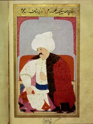 Impero ottomano: ritratto del nono sultano ottomano Selim I detto il Terribile o il Crudele (1470-1520). Miniatura dal manoscritto Human physiognomy di Seyyid Lokman Hussein