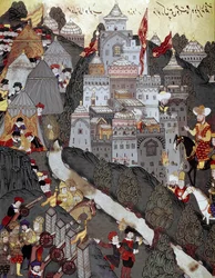 Impero ottomano: il sultano Bayezid I (Bajazet) (circa 1360-1402) tornò vittorioso nella città di Nicopoli dopo la battaglia omonima del 25/09/1396. Miniatura del XVI secolo. Istanbul, Biblioteca del Museo Topkapi Sarayi.