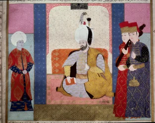 Impero Ottomano: Sultano Murad III (1546-1595) circondato da cortigiani Miniatura dal “Zubdat al Tawarikh” (Ms. 1973, fol. 59b) di Seyyd Lokman Ashuri 1583 Istanbul, Museo di Arte Turca e Islamica