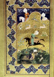 Impero Ottomano: rappresentazione del Sultano Selim I detto il Terribile (1470-1520) a cavallo durante una caccia combattendo contro un ghepardo. Miniatura dal “Divan” (collezione di poesie) scritta dal Sultano Selim I. (Ms. FY1330, fol. 58a) XVI secolo