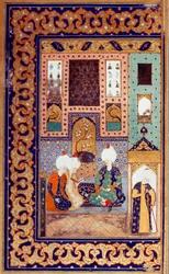 Impero Ottomano: rappresentazione del Sultano Selim I detto il Terribile (1470-1520) accompagna due dei suoi sudditi. Miniatura tratta dal "Divan" (poema recuperato) scritto dal Sultano Selim I. 16° secolo. Istanbul, Università