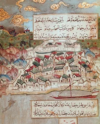 Impero Ottomano: rappresentazione di una città fortificata sulla riva del Danubio conquistata da Solimano I detto il Magnifico (1520-1566) durante la sua marcia su Budapest e Vienna (1526-1529). Miniatura del XVI secolo