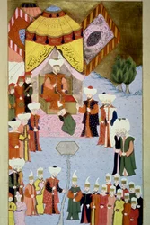 Sultano Bayezid I (1360-ca. 1402) alla sua Corte Miniatura dal “Hunername” di Lokman, vol. 1 (H 1523, f.7) 1584 Biblioteca del Museo Topkapi Sarayi Istanbul