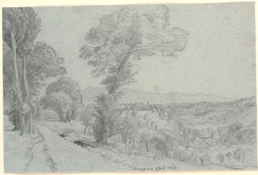 Paesaggio montano italiano con vista verso "Genazzano 9 luglio 1869."