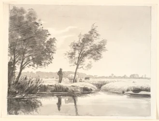 Paesaggio con campi, alberi, mucche e un contadino che si specchia nell