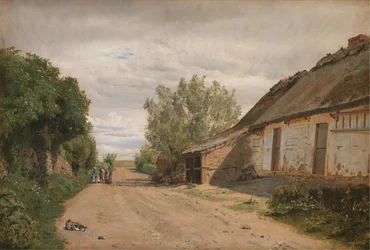 I dintorni del villaggio di Vejby. Lungo la strada il pittore J.Th. Lundbye che disegna