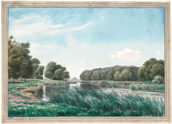 Paesaggio boscoso con un lago e tre bambini che pescano