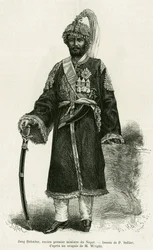 Jang Bahadur (1816-1877), Primo Ministro del Nepal. Incisione di P.Sellier per illustrare la storia Voyage au Nepal, di Dr. Gustave Le Bon (1841-1931), in le tour du monde 1886, diretta da Edouard Charton (1807-1890), Hachette, Parigi.
