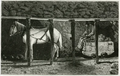 Interno di una galleria con berlaine. Incisione di Ferat, per illustrare la storia "Belgio", di Camille Lemonnier (1844-1913) scrittore belga. Pubblicato in Le Tour du monde, nouveau journal des voyages, 2° semestre 1884, a cura di Edouard Charton (1807-1