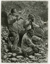 Minatori che estraggono carbone nella vena. Incisione di Ferat, per illustrare la storia "Belgio", di Camille Lemonnier. Pubblicato in Le Tour du monde, nuovo giornale dei viaggi, 2° semestre 1884