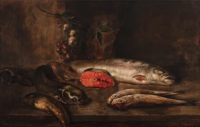 Natura morta di pesci con carpa, pesce gatto, salmone, triglia rossa, anguille e sogliola su un tavolo con aglio e scalogno appesi, pesci morti, c.1775-1800