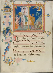 Foglio di manoscritto con il martirio di San Bartolomeo, da un Laudario